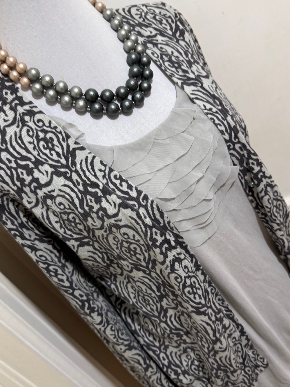 LOFT Grey Ruffle-Front Camisole with Gray Patterned Cardigan